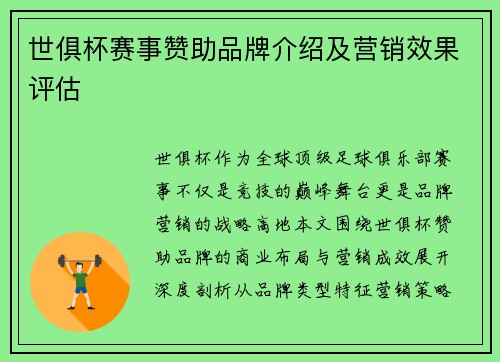 世俱杯赛事赞助品牌介绍及营销效果评估