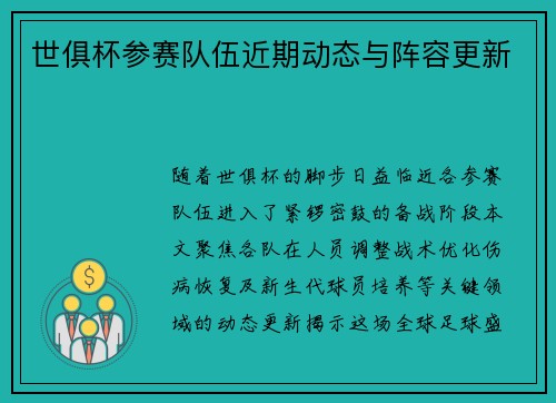 世俱杯参赛队伍近期动态与阵容更新