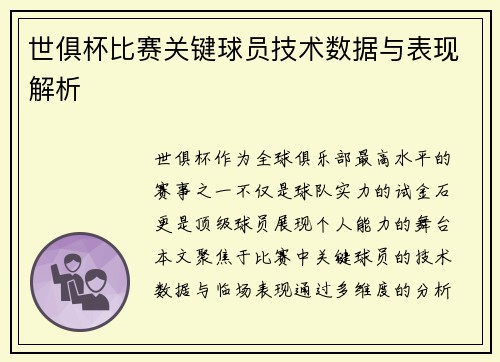 世俱杯比赛关键球员技术数据与表现解析